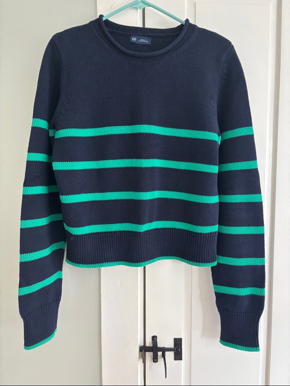 GAP Navy Cotton Rolled Neck Sweater with Green Stripes